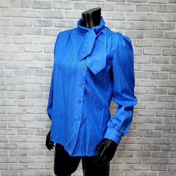 Vintage 70s Jonquil Womens Bright Blue Sheer Side Button Scarf Tie Collar Blouse - Picture 3 of 8